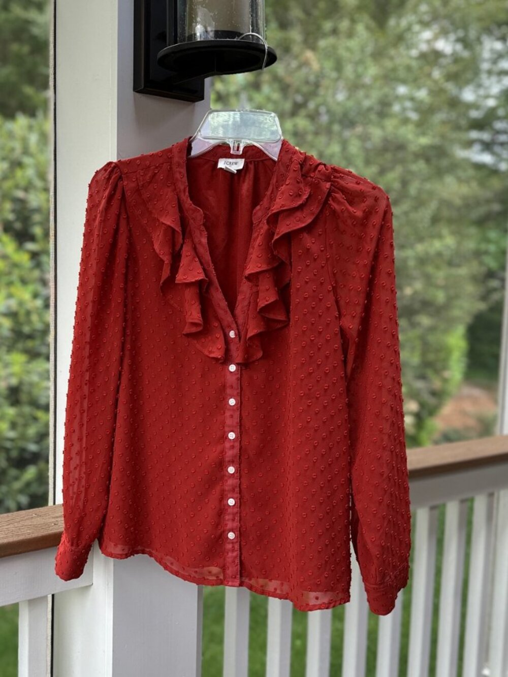 J.Crew Burnt Orange Rust Swiss Dot Ruffle Front Button Down Blouse Top Size S